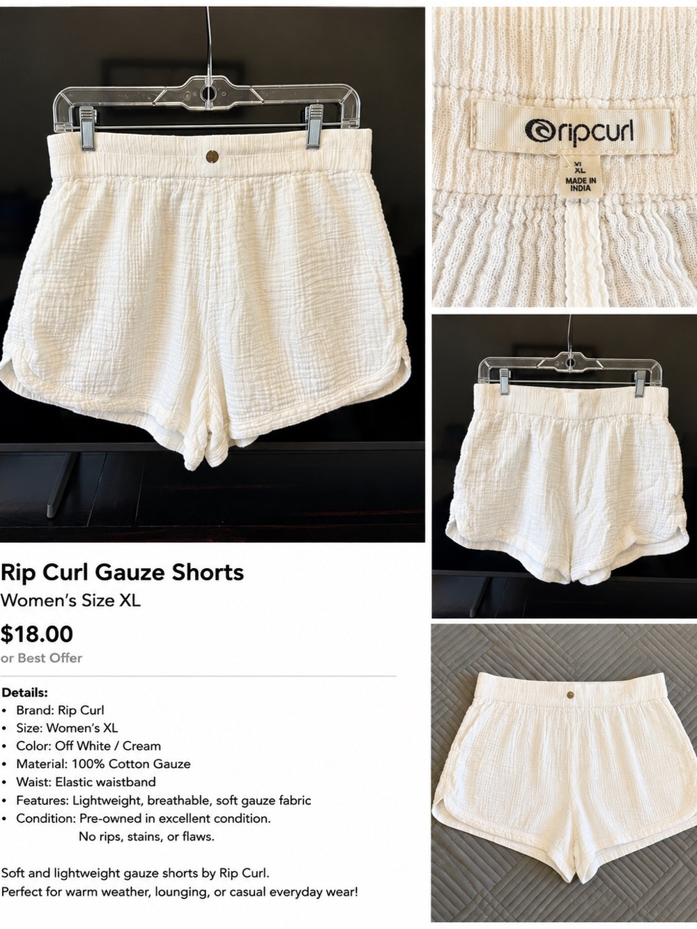 Rip Curl Cream Gauze Elastic-Waist Athletic Shorts